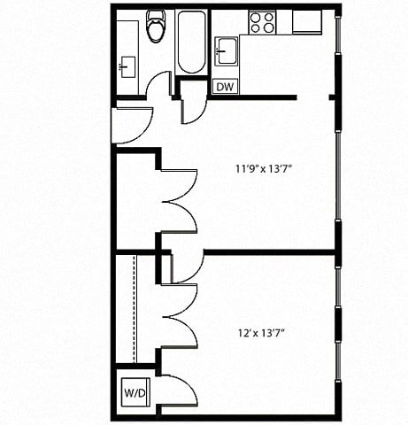 Floor plan for 1 bed, 1 bath, 725 sqft